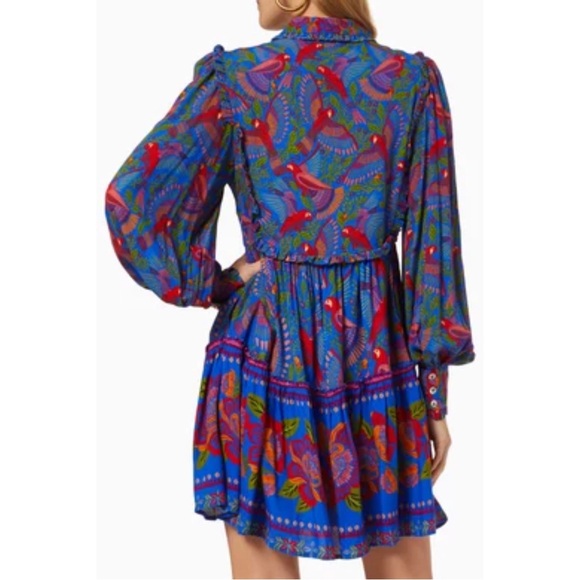 FARM RIO Blue & Red Tropical Floral Macaw Flight Ruffle Long Sleeve Shirtdress L - Picture 3 of 13